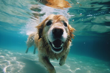 Underwater funny photo of dog in sea playing with fun - jumping, diving deep down. Actions, training games with family pets and popular dog breeds on summer vacation