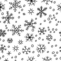 Hand-drawn snowflakes, falling snow texture. Decorative seamless pattern