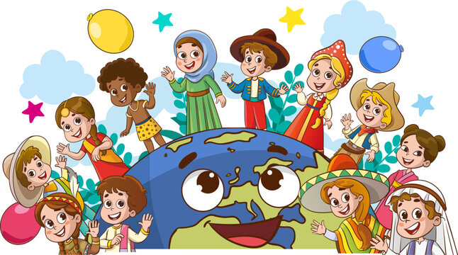 vector illustration of Circle Of Happy Children Different Races.multicultural kids and world.