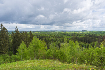 View from top of the hill to forests, hills, valleys and meadows on cloudy spring day
