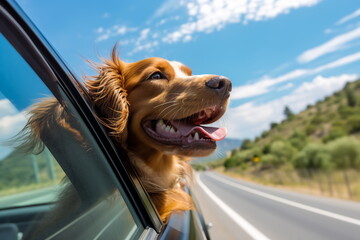 Dog enjoying traveling by car. Dog looking through the window on the road