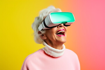 Senior woman having fun with virtual reality glasses. Old people using new headset goggles trends technology