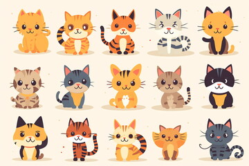 Funny cat set. Cartoon pattern in flat illustration style. Cute cat group background, diverse domestic cats. Wallpaper