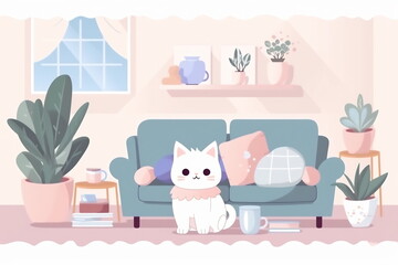 Kawaii cat sitting in the livingroom. 2d illustration. Soft pastel colors image