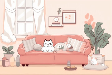 Kawaii cat sitting in the livingroom. 2d illustration. Soft pastel colors image