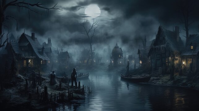 creepy and spooky fantasy village, concept illustration, abstract art