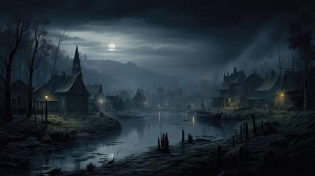 creepy and spooky fantasy village, concept illustration, abstract art