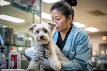 Cute patient. A vet in work uniform holding a beautiful little dog which is sitting on the table and looking at the camera at the veterinary clinic