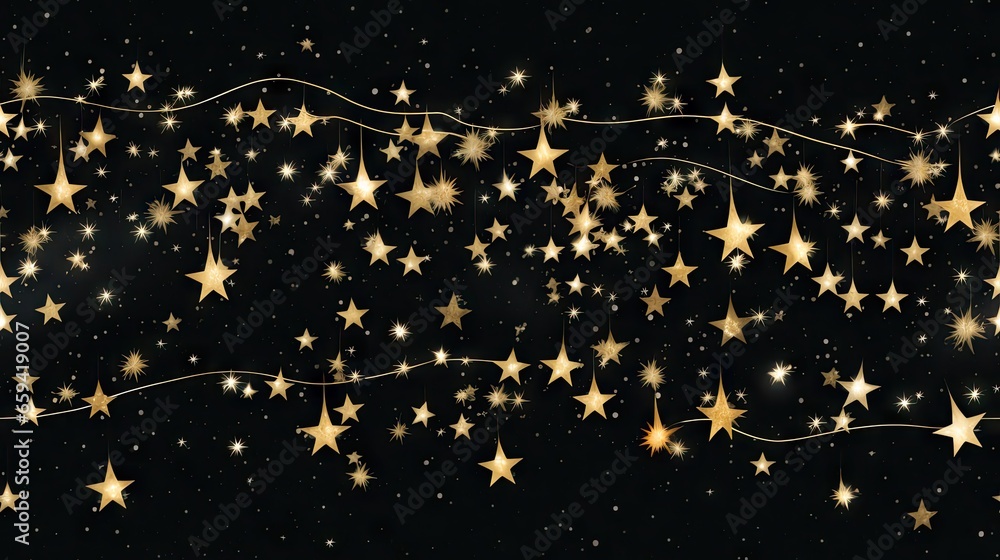 Poster a black background with gold stars and a string of lights. generative ai