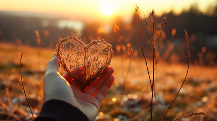 Woman's hand holding a heart made with branches in a field at sunset