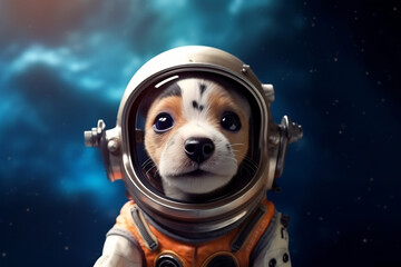 Puppy astronaut in a space suit. Little dog with black eyes, a lovely, sweet animal, small nose. Colorful. Photo realistic, concept art, cinematic light