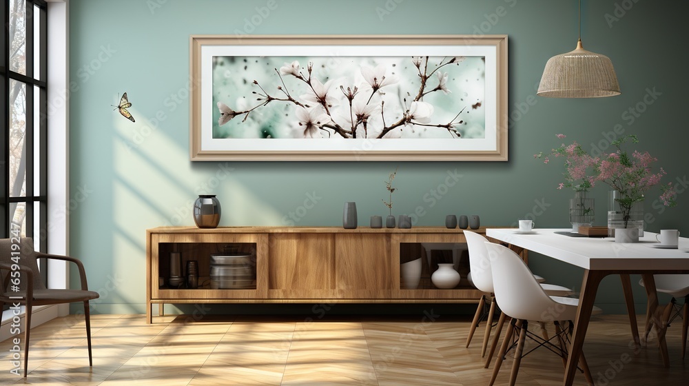 Poster a picture of a dining room with a table and chairs. generative ai