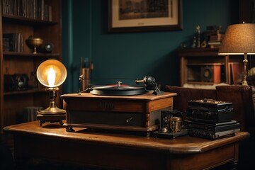 Old gramophone and vinyl set on a bookshelf in a vintage living room