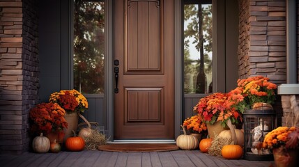  a front porch with pumpkins and gourds on the porch.  generative ai