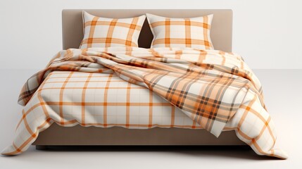  a bed with a plaid comforter and pillows on it.  generative ai