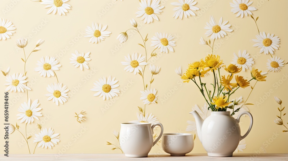 Poster a vase with daisies and two cups on a table. generative ai