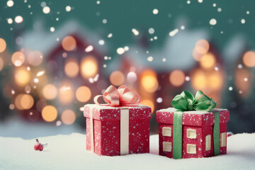 The red gift box and green gift box were packed and decorated with a white bow. Christmas gift. Ai Generative