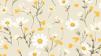  a floral pattern with yellow and white flowers on a beige background.  generative ai