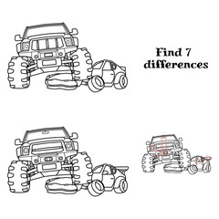 A monster truck runs over a car. Find 7 differences. Tasks for children. vector illustration