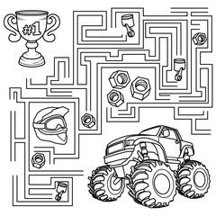Puzzle for children. Labyrinth. You need to find the monster truck's path to the winners' cup. Coloring book for children