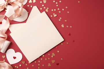 A flat lay capturing the spirit of the New Year with assorted greeting cards and envelopes, neatly organized, evoking the joy and tradition of sending wishes, with spacious empty area for text