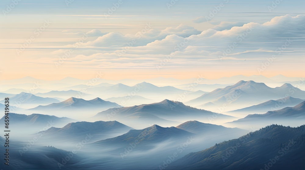 Poster a painting of a mountain range in the distance with clouds in the sky. generative ai