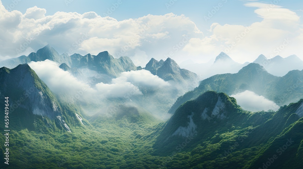 Poster a view of a mountain range covered in clouds and greenery. generative ai