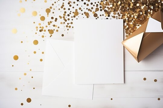 A flat lay capturing the spirit of the New Year with assorted greeting cards and envelopes, neatly organized, evoking the joy and tradition of sending wishes, with spacious empty area for text