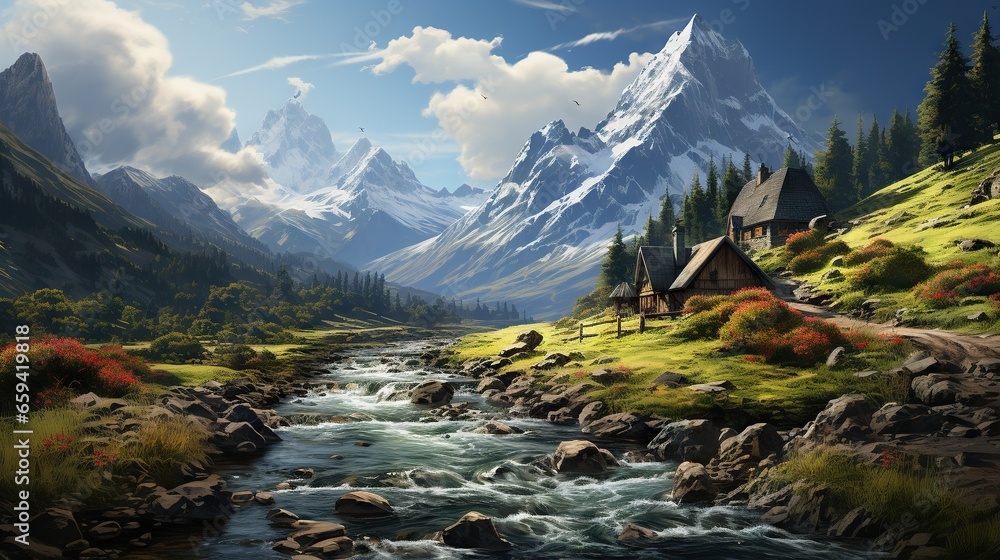 Poster a painting of a mountain stream with a cabin in the background. generative ai