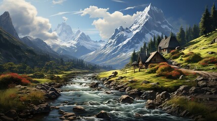  a painting of a mountain stream with a cabin in the background.  generative ai