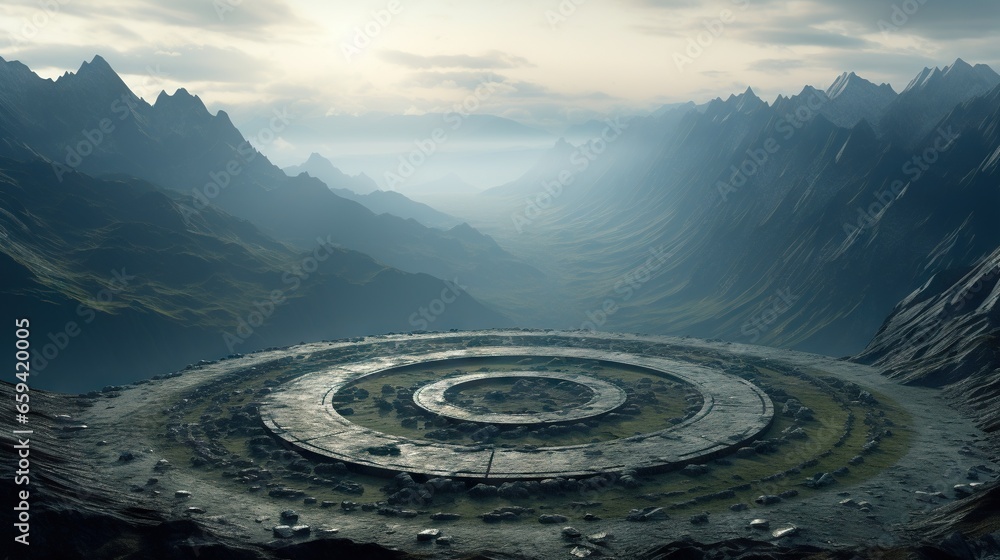 Poster  a circular structure in the middle of a mountain range with a sky background.  generative ai
