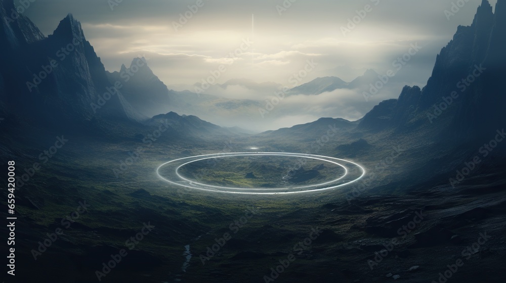 Poster a circle of light in the middle of a mountain range. generative ai