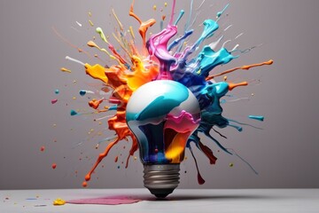 Creative light bulb explodes with colorful paint and colors. New idea, brainstorming concept - Powered by Adobe