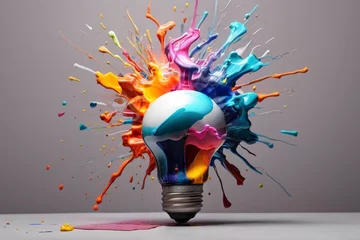 Tuinposter Creative light bulb explodes with colorful paint and colors. New idea, brainstorming concept © anthony