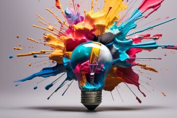 Creative light bulb explodes with colorful paint and colors. New idea, brainstorming concept - obrazy, fototapety, plakaty