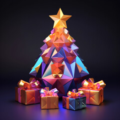 Shiny Bright Christmas Tree with Star, Lights and Gifts. Minimalistic Low Poly 3D Style. Dark Background