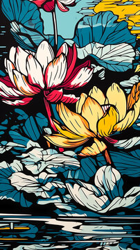 Imagine a comic-style portrayal of vibrant lotus flowers gracefully unfurling in the sunlight, with bold lines and vivid colors adding a touch of whimsical beauty. 