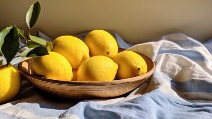 a wooden bowl filled with lemons on top of a bed. generative ai