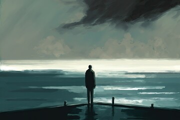 Silhouette of a man looking at the sea in the evening