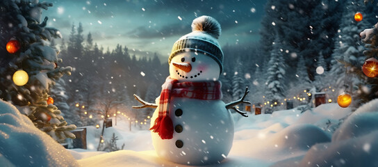 Happy snowman in winter scenery as a symbol of Christmas and New Year holidays in the beautiful light of sunset with copy space. A snowman in a cap and a scarf.