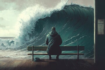 Surfer sitting on bench and looking at the big ocean wave