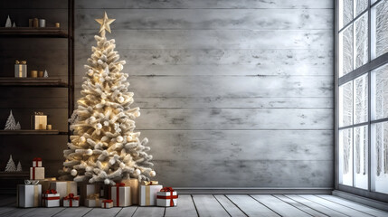 Wall mockup with christmas tree in a room.