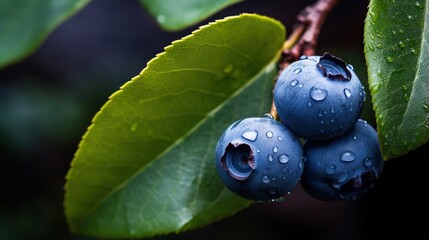  a close up of some blue berries on a tree branch.  generative ai
