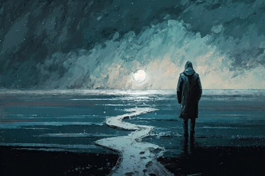 Man in raincoat looking at a frozen lake at night