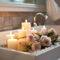 burning candles and flowers on countertop in bathroom