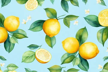 Watercolor lemon pattern on light blue background. Generative AI