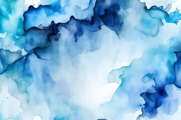 Abstract blue watercolor background. Painted paper wallpaper. Wide banner with copy space. Wall texture. Creative artistic pattern. Beautiful art template, modern mockup.