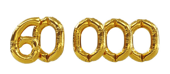 3D render of 60k or 60000 followers thank you Gold balloons, sixty thousand gold number balloons