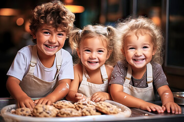Children, covered in flour after baking, laugh as they try out the homemade cookies
