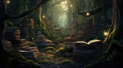 Magical forest library, overgrown and abandoned fantastical book scene, abstract art, digital illustration